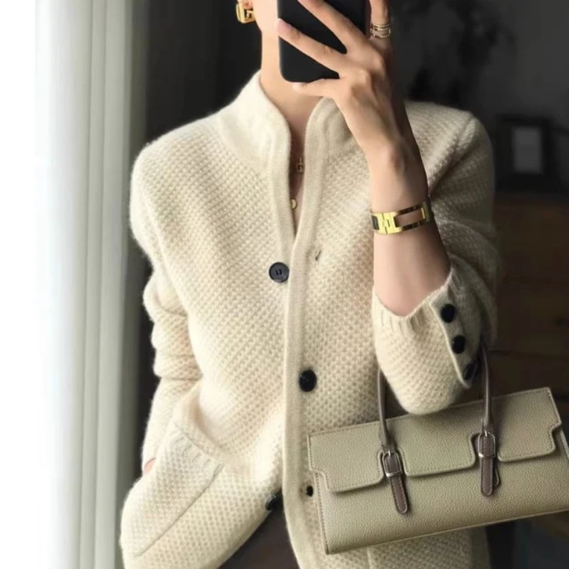 Damen Cardigan Klassisch Strick Beige - Eveloria