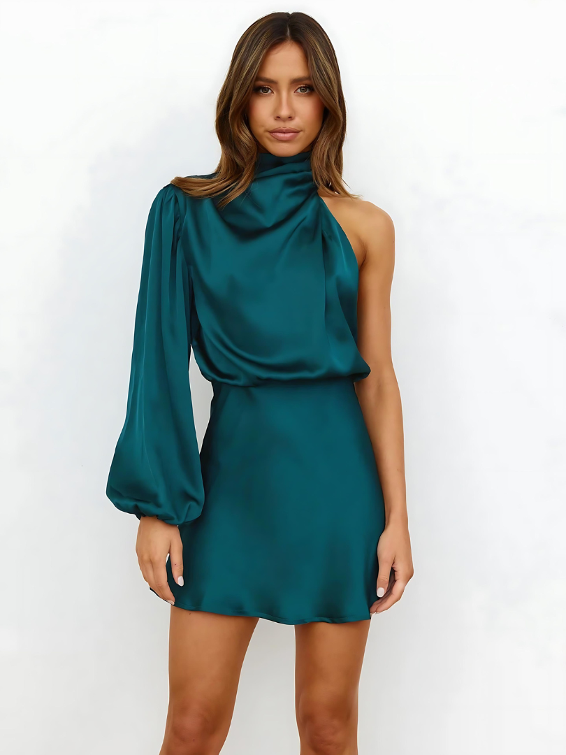 Asymmetrisches Damen Satinkleid Stehkragen Elegant