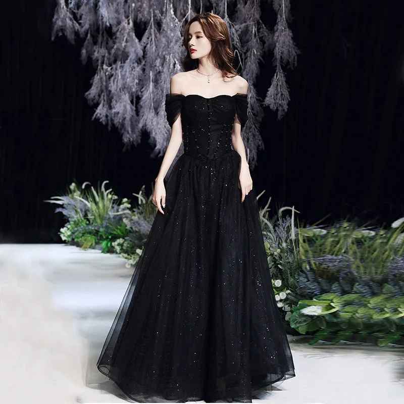 Damen Maxi-Kleid Off-Shoulder Korsett Elegant Schwarz - Eveloria