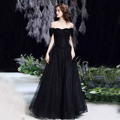 Damen Maxi-Kleid Off-Shoulder Korsett Elegant Schwarz - Eveloria