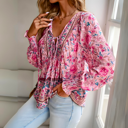 Damen Bluse Blumenmuster Schleifenkragen Weite Ärmel Sommerlook