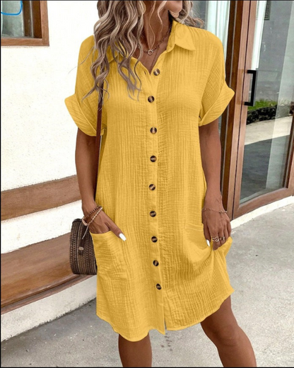 Damen Hemdkleid Kurzarm Einfarbig mit Knöpfen