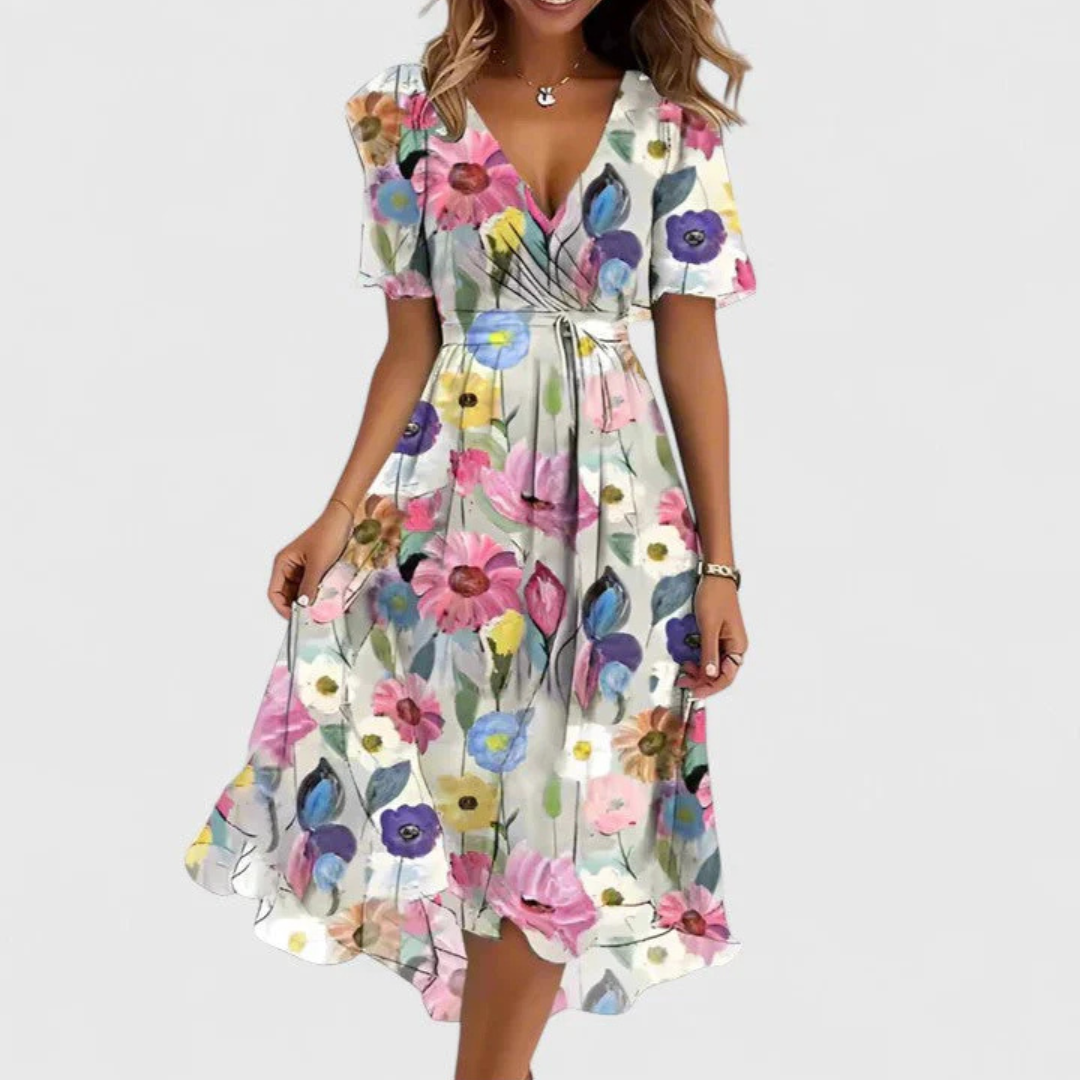 Damen Blumen Midi Kleid V-Ausschnitt