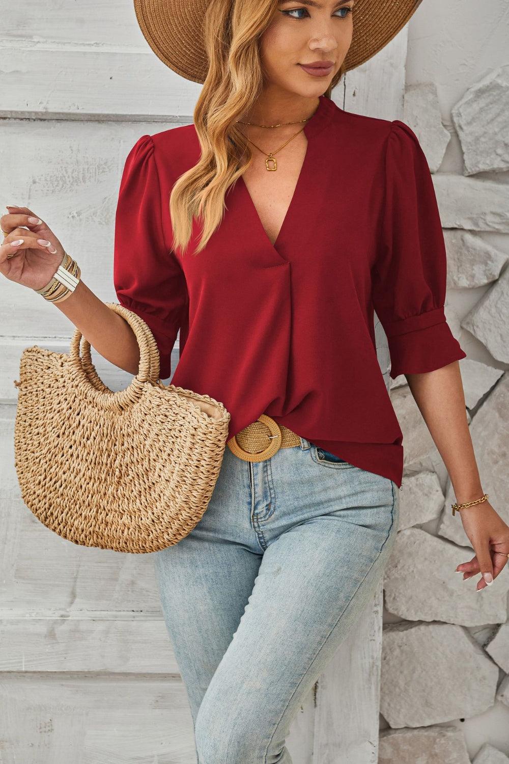 Damen Bluse V-Ausschnitt Puffärmel Elegante Weiß