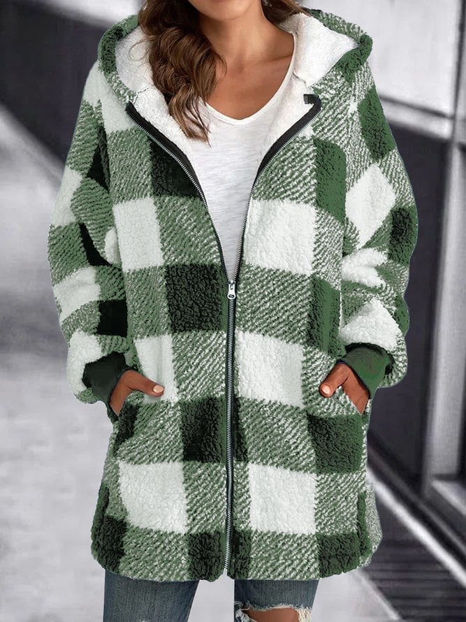 Eveloria Damen Fleece Kapuzenjacke Kariert Weich
