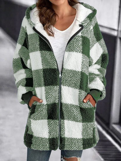 Eveloria Damen Fleece Kapuzenjacke Kariert Weich