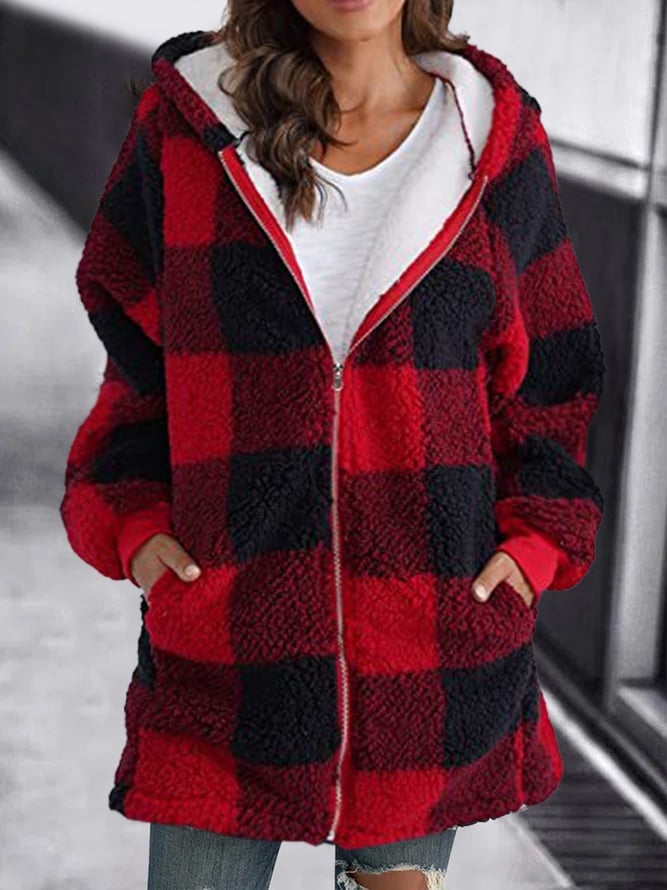 Eveloria Damen Fleece Kapuzenjacke Kariert Weich