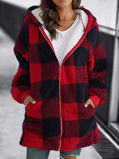 Eveloria Damen Fleece Kapuzenjacke Kariert Weich