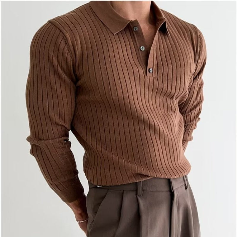 Herren Langarm Polo-Shirt Gerippt Knopfleiste