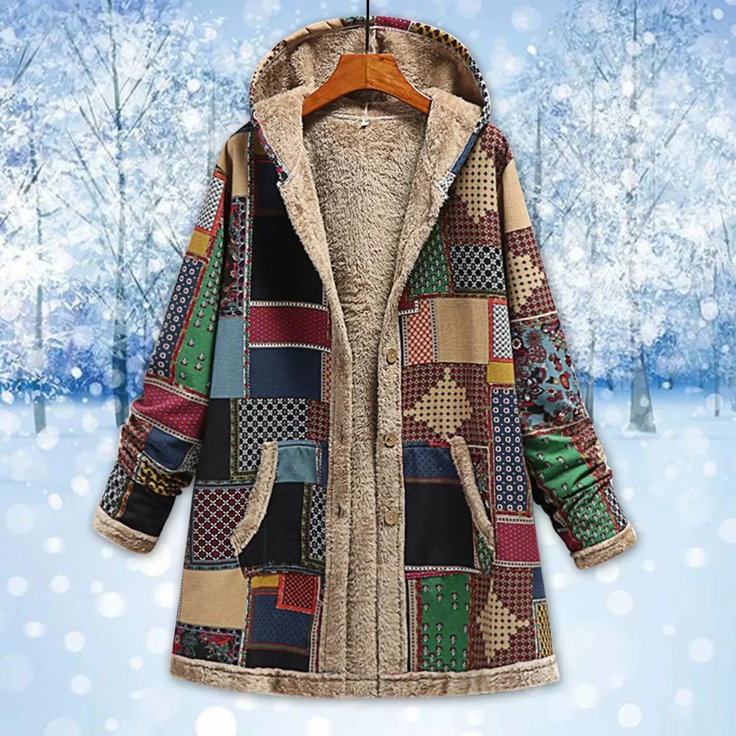 Damen Patchwork Jacke mit Kapuze Fleece