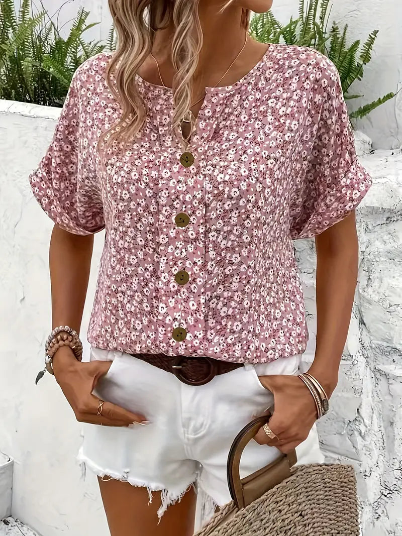 Damen Kurzarm Blusen- mit Knöpfen Sommer Bluse