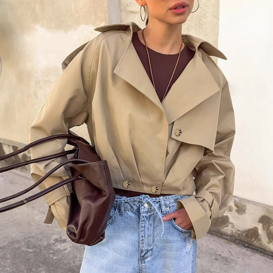Damen Kurz-Trenchcoat Khaki Breiter Kragen - Eveloria