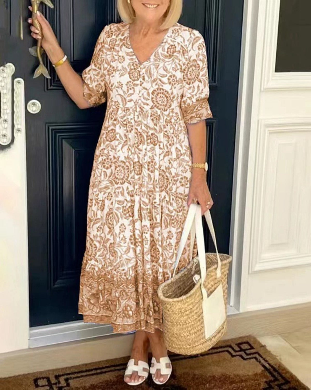 Eveloria Damen Kleid V-Ausschnitt Print Übergröße