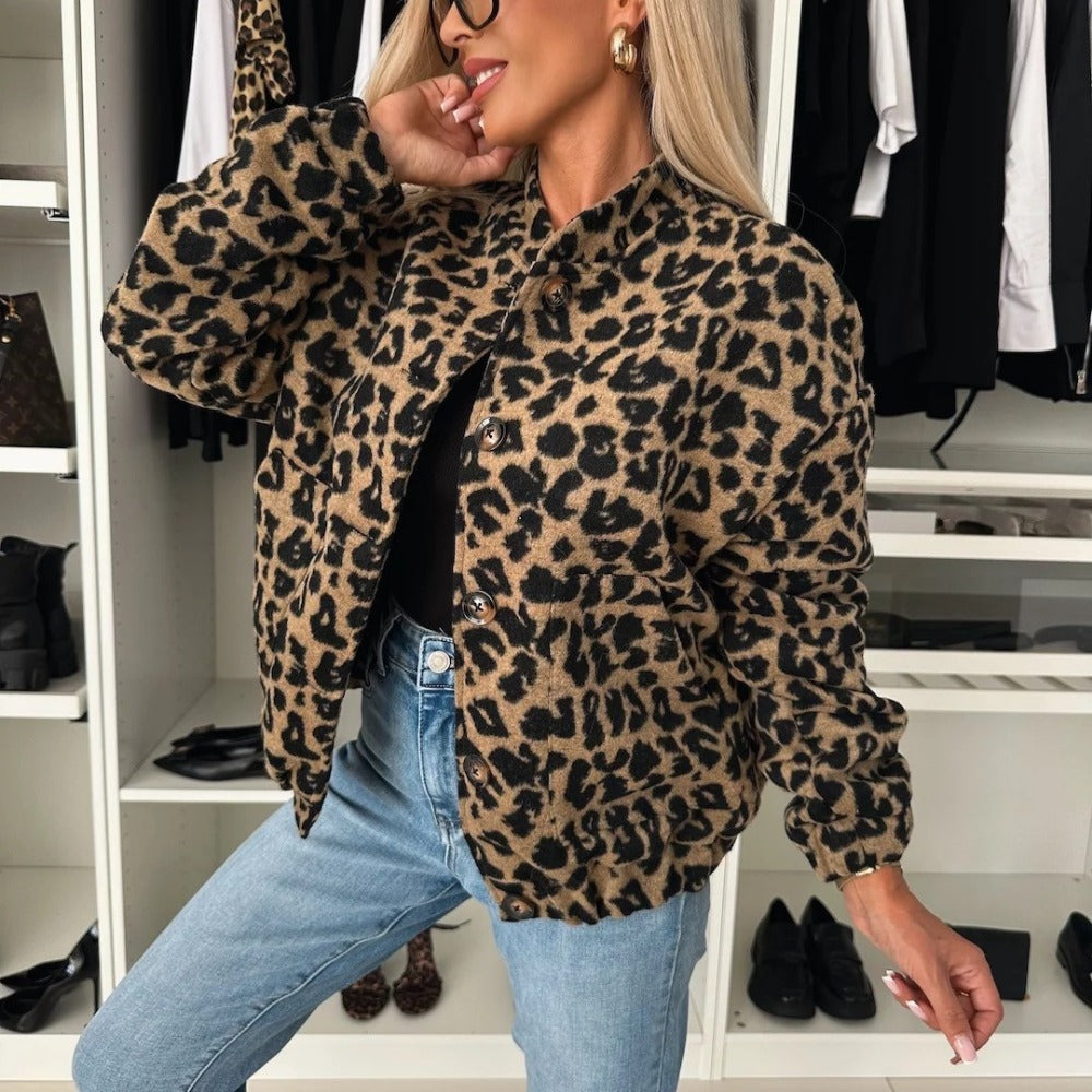 Damen Leopardenjacke Braun Knöpfe