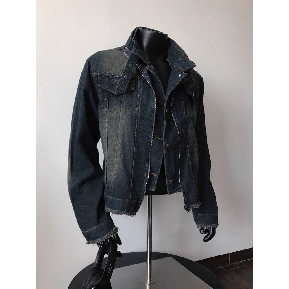 Dunkelblaue Jeansjacke Ausgefranster Saum Unisex - Eveloria