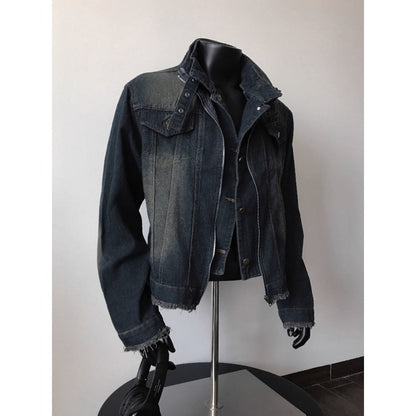 Dunkelblaue Jeansjacke Ausgefranster Saum Unisex - Eveloria