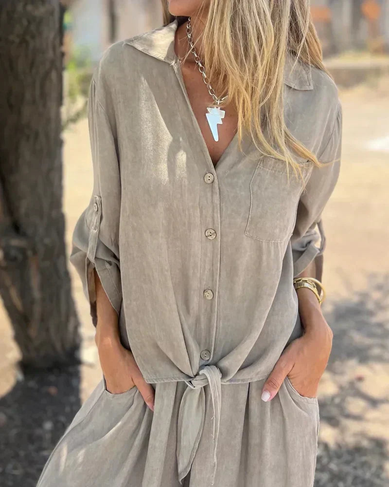 Damen Zweiteiler Uni weite Hose lockere Bluse