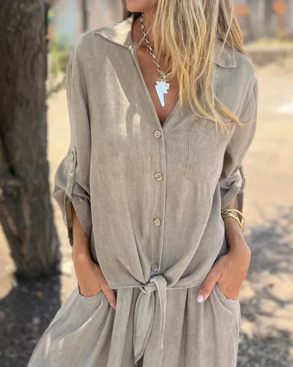Damen Zweiteiler Uni weite Hose lockere Bluse