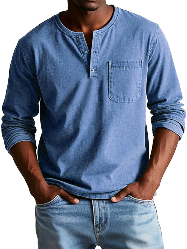 Herren Langarm Henley T-Shirt mit Brusttasche