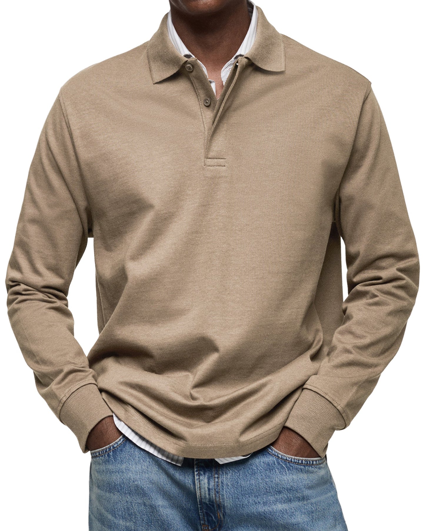 Herren Langarm Poloshirt Knopfleiste Klassisch Beige - Eveloria