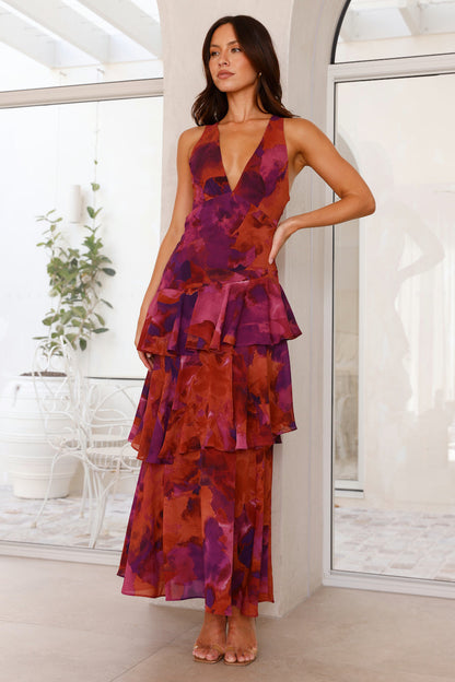Cany Damen Maxikleid Blumenmuster V-Ausschnitt Stufenrock