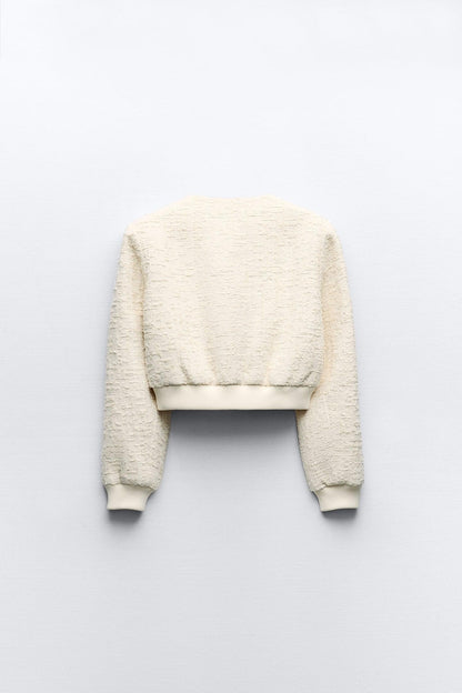 Kurze Damen Bouclé-Jacke Goldknöpfe Beige