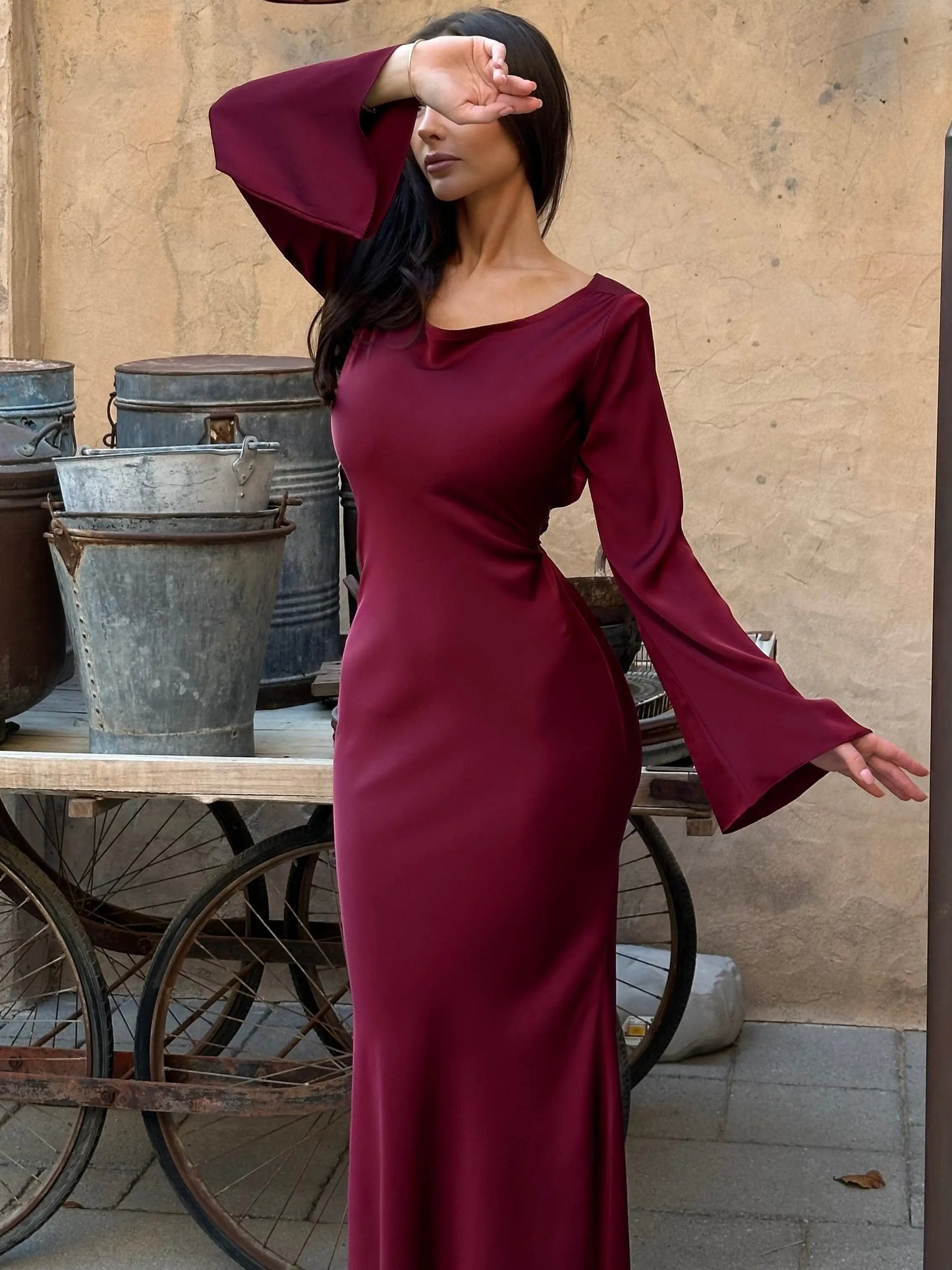 Damen Abendkleid Maxikleid Figurbetont Lange Ärmel