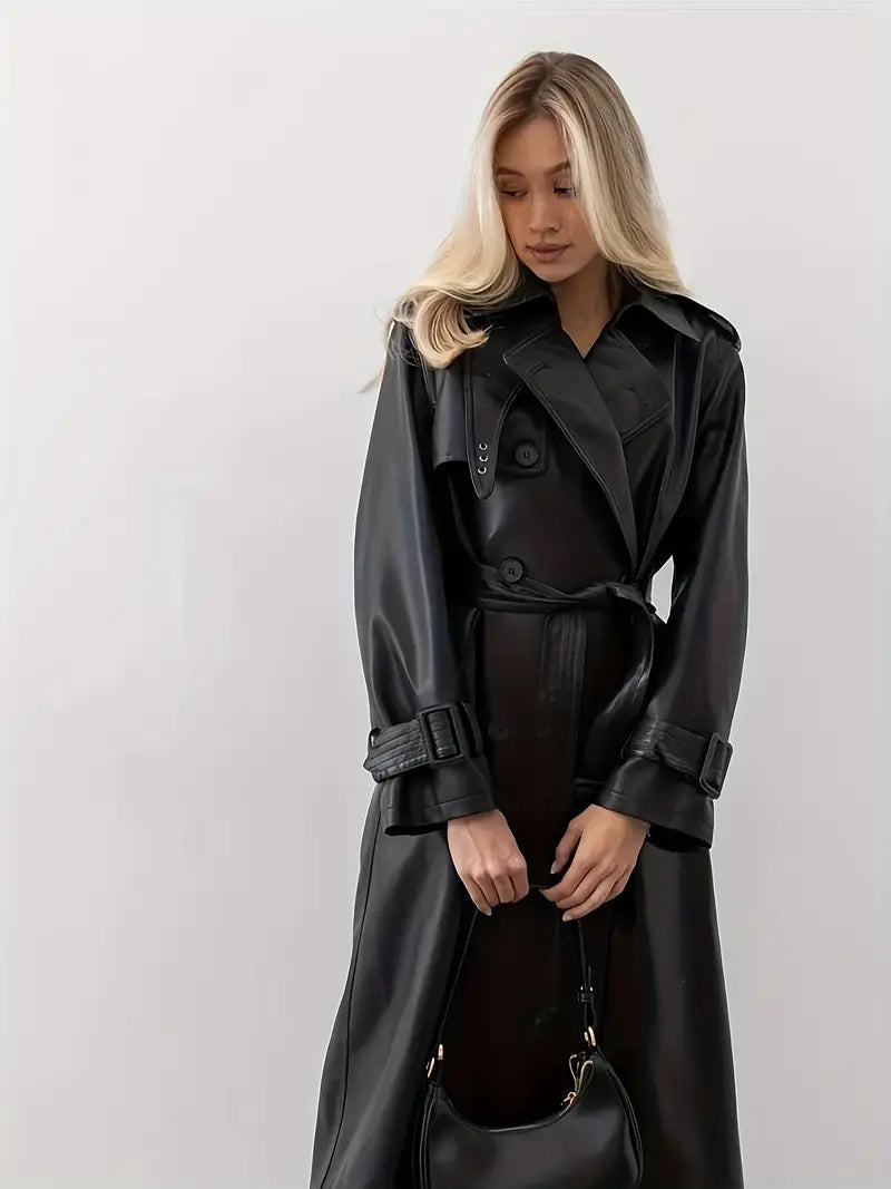 Damen Trenchcoat Lang Gürtetragend Kunstleder