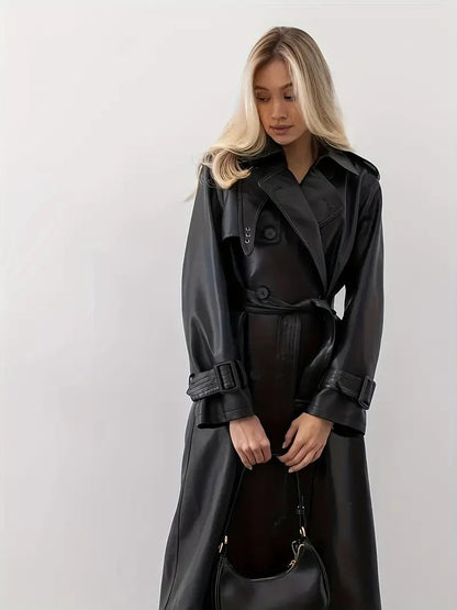 Damen Trenchcoat Lang Gürtetragend Kunstleder