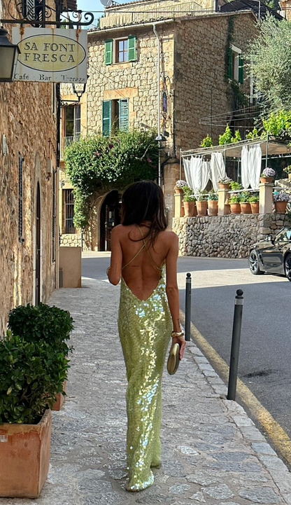 Damen Sommerkleid Quadratkragen Pailletten