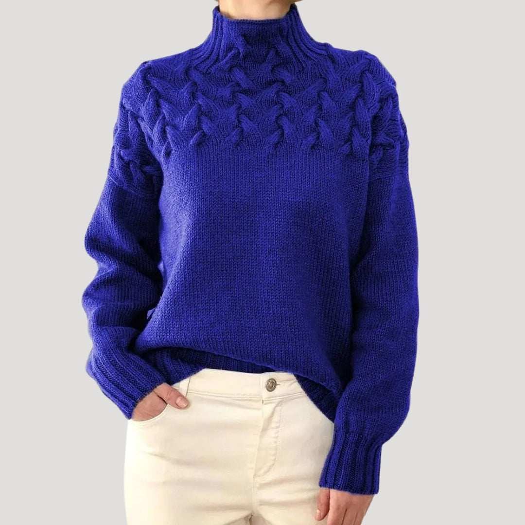 Damen Strickpullover Zopfmuster Hochkragen Beige