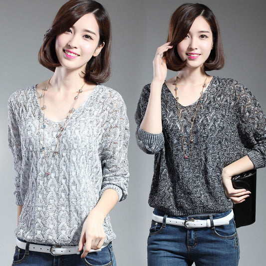Damen Strickpullover V-Ausschnitt Luftiger Strick Anthrazit - Eveloria