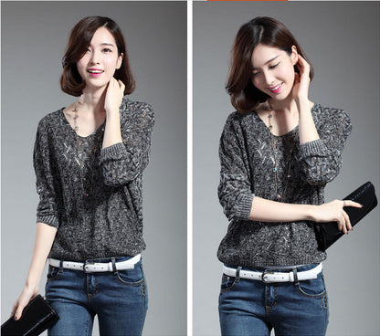 Damen Strickpullover V-Ausschnitt Luftiger Strick Anthrazit