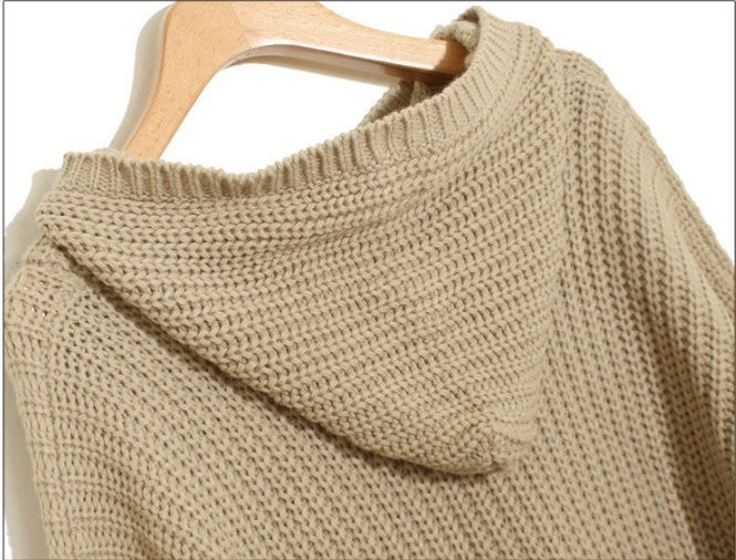 Damen Grobstrick-Poncho mit Fransen und Kapuze