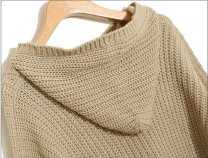 Damen Grobstrick-Poncho mit Fransen und Kapuze