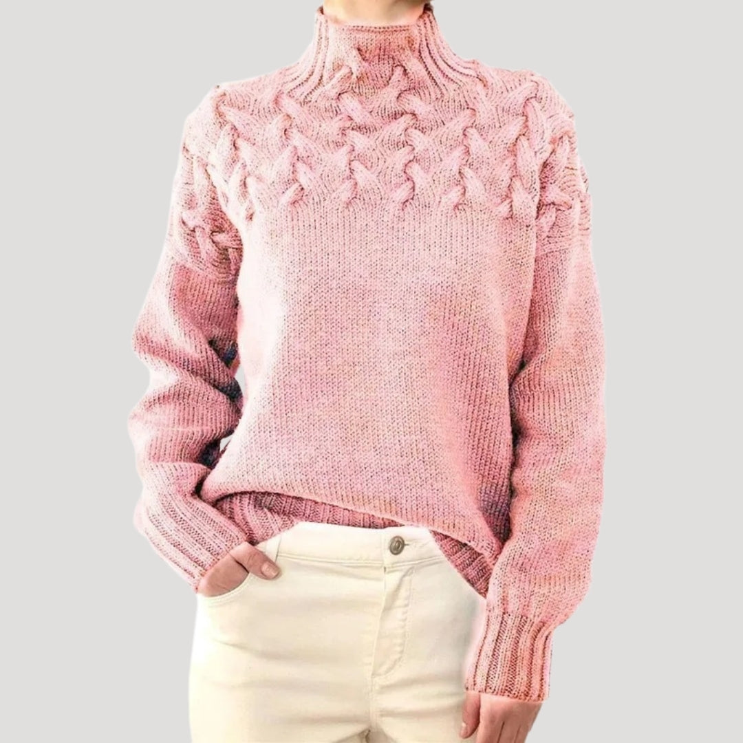 Damen Strickpullover Zopfmuster Hochkragen Beige