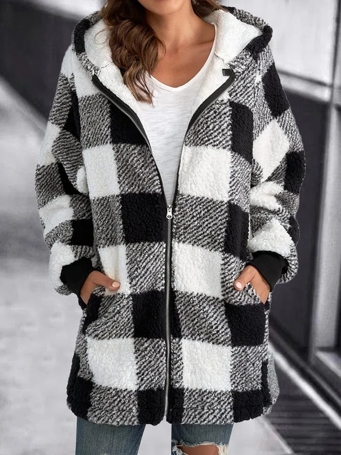 Eveloria Damen Fleece Kapuzenjacke Kariert Weich