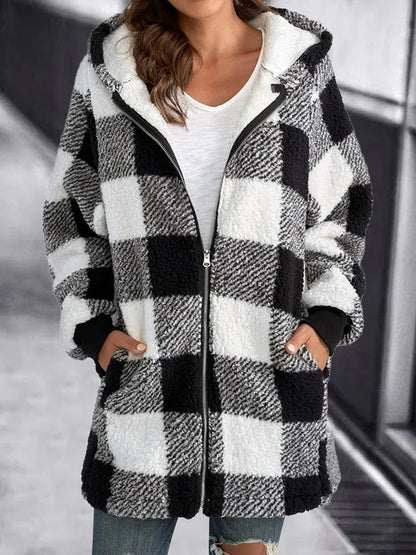 Eveloria Damen Fleece Kapuzenjacke Kariert Weich