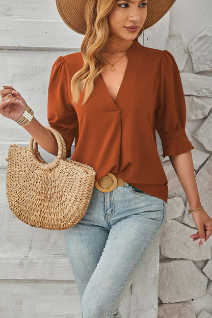 Damen Bluse V-Ausschnitt Puffärmel Elegante Weiß