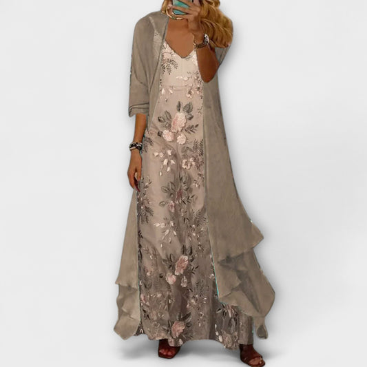Damen Maxi Kleid Blumenmuster V-Ausschnitt Geschichtet Eva - Eveloria