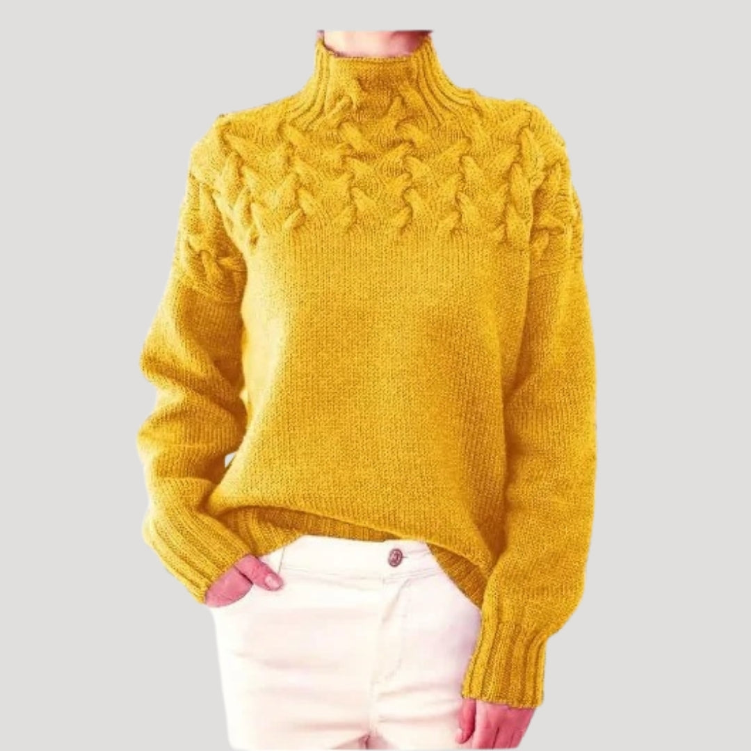 Damen Strickpullover Zopfmuster Hochkragen Beige