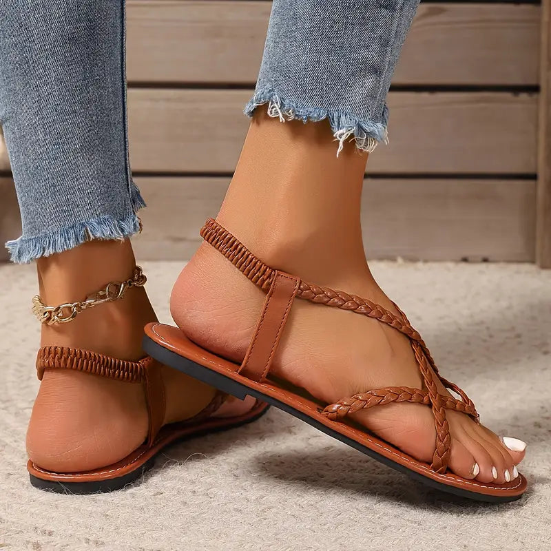 Damen Geflochtene Flache Sandalen Beige