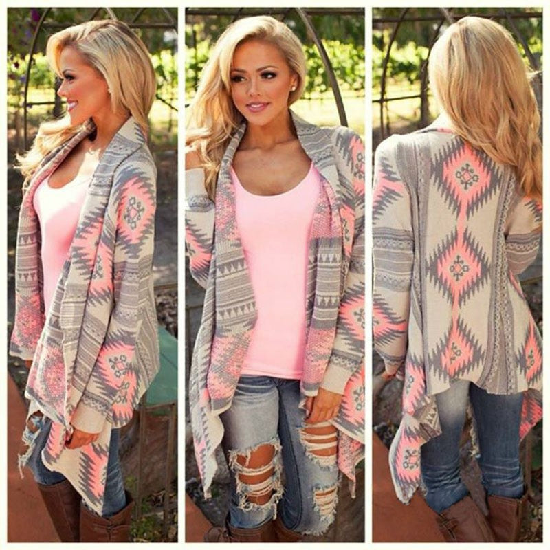 Damen Strickjacke Folkloristik Muster Asymmetrisch Beige - Eveloria
