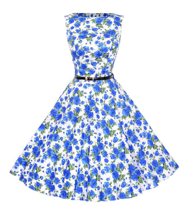 Damen A-Linien Kleid Floralmuster Taillengürtel