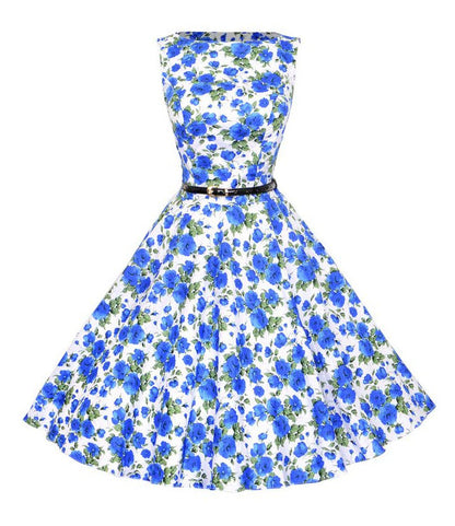 Damen A-Linien Kleid Floralmuster Taillengürtel
