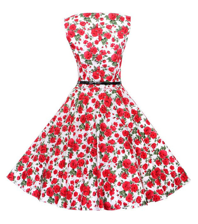 Damen A-Linien Kleid Floralmuster Taillengürtel