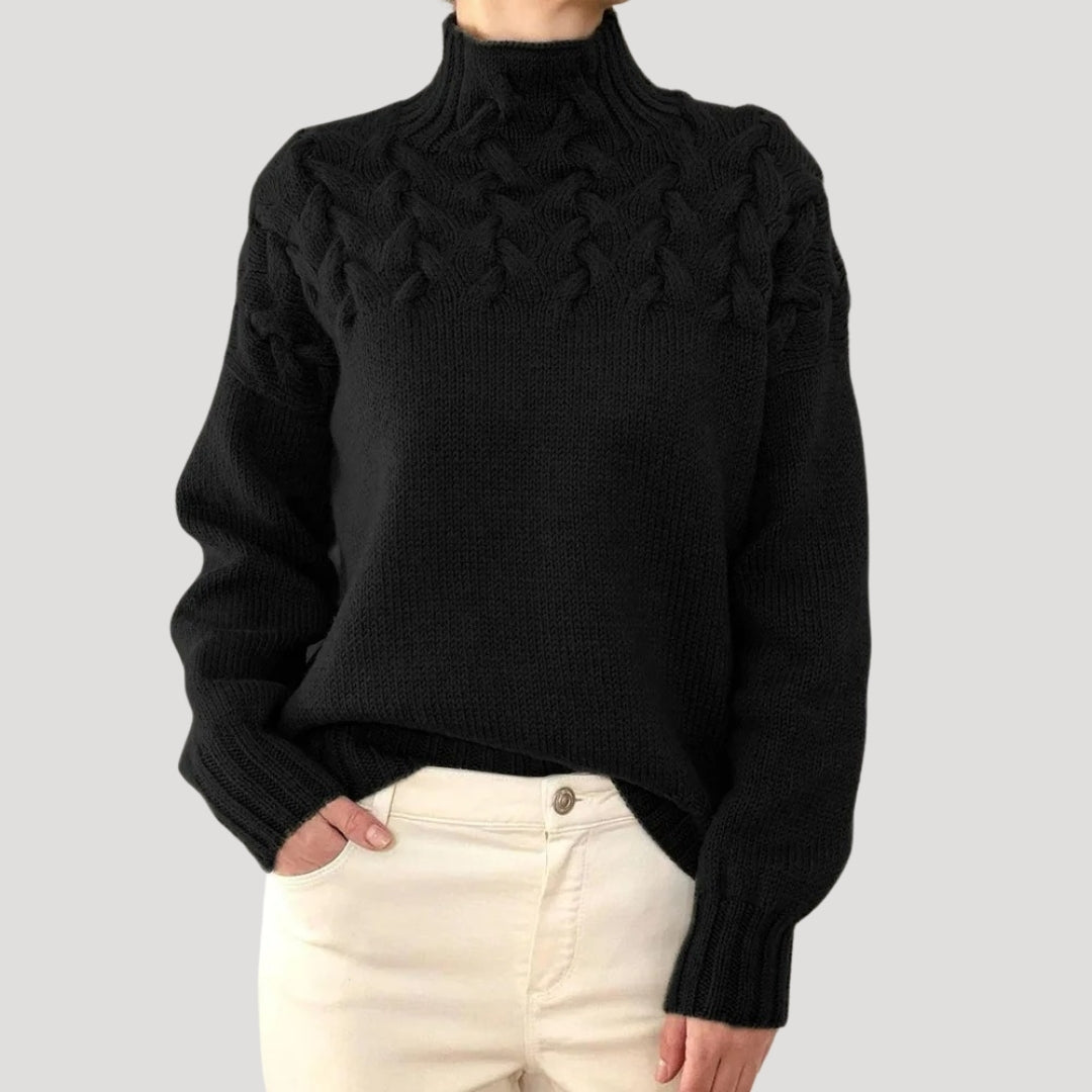 Damen Strickpullover Zopfmuster Hochkragen Beige