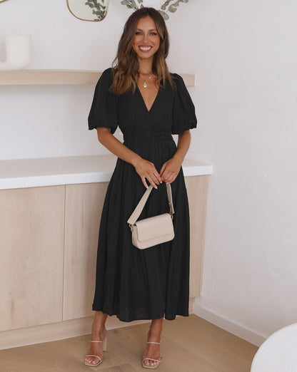 Damen Sommer-Midikleid V-Ausschnitt Puffärmel Einfarbig Elegant