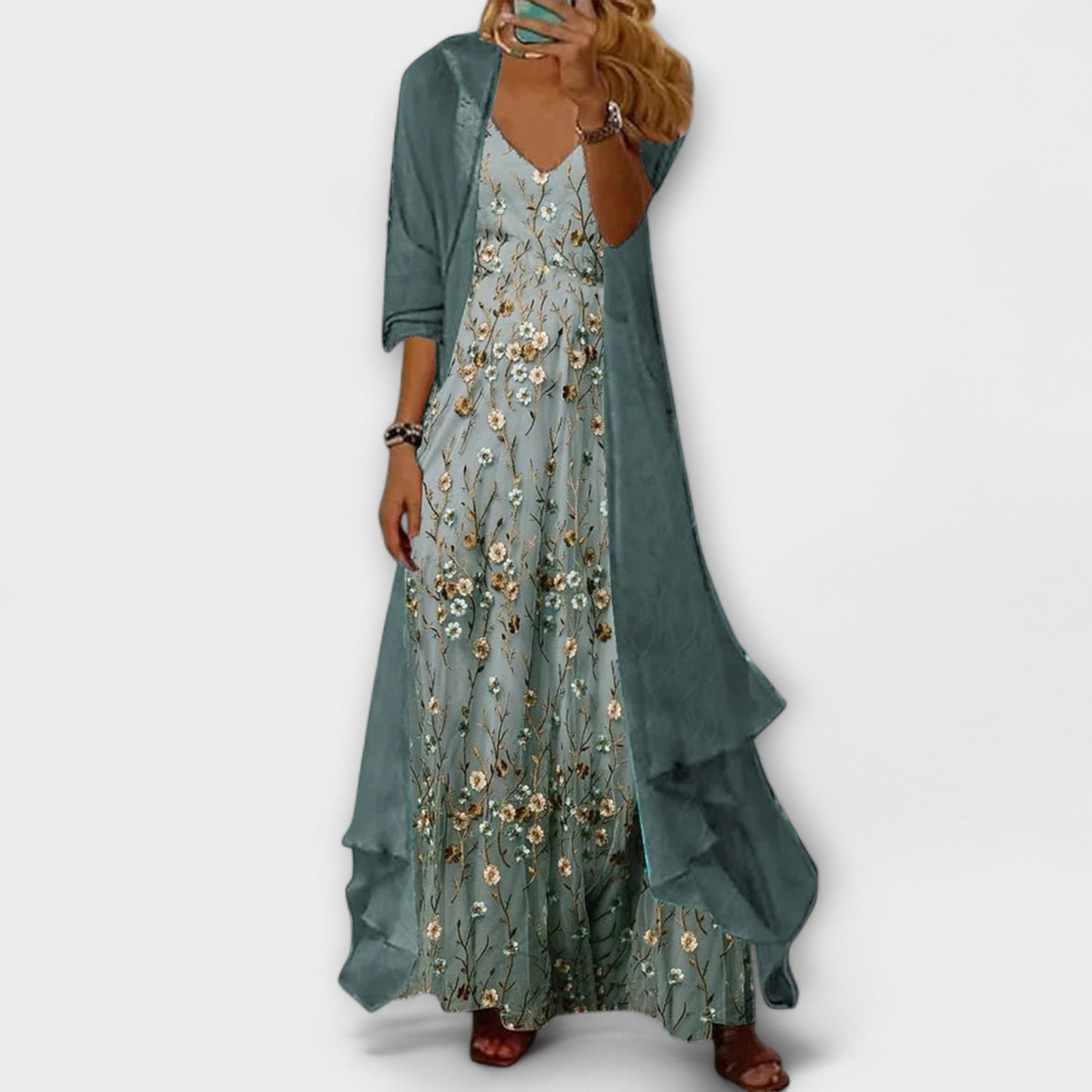 Damen Maxi Kleid Blumenmuster V-Ausschnitt Geschichtet Eva