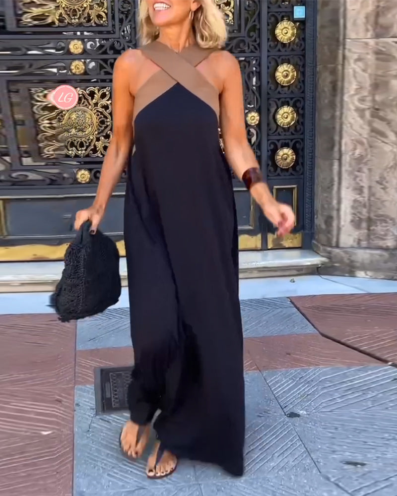Eveloria Damen Kreuzförmiges Rückenfreies Kleid Kontrastfarben